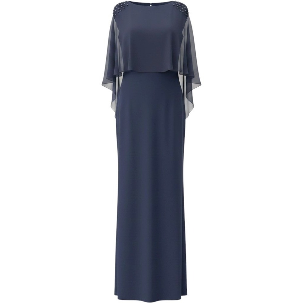 XSCAPE Navy Blue Chiffon Capelet Beaded Shoulder Evening Gown Dress 6